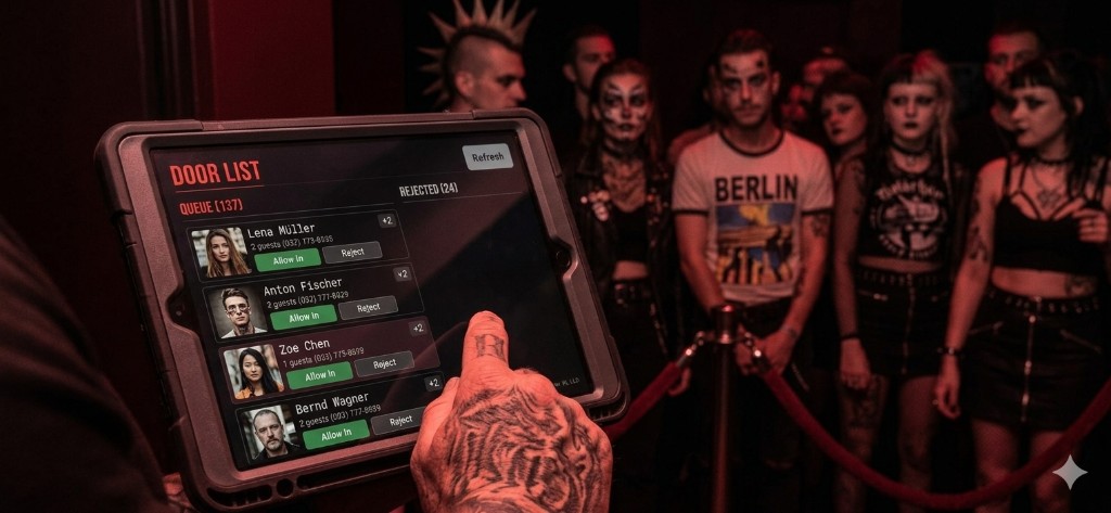 Tattooed hands hold a tablet showing DOOR LIST and the queue, under red club lighting with a velvet rope and crowd